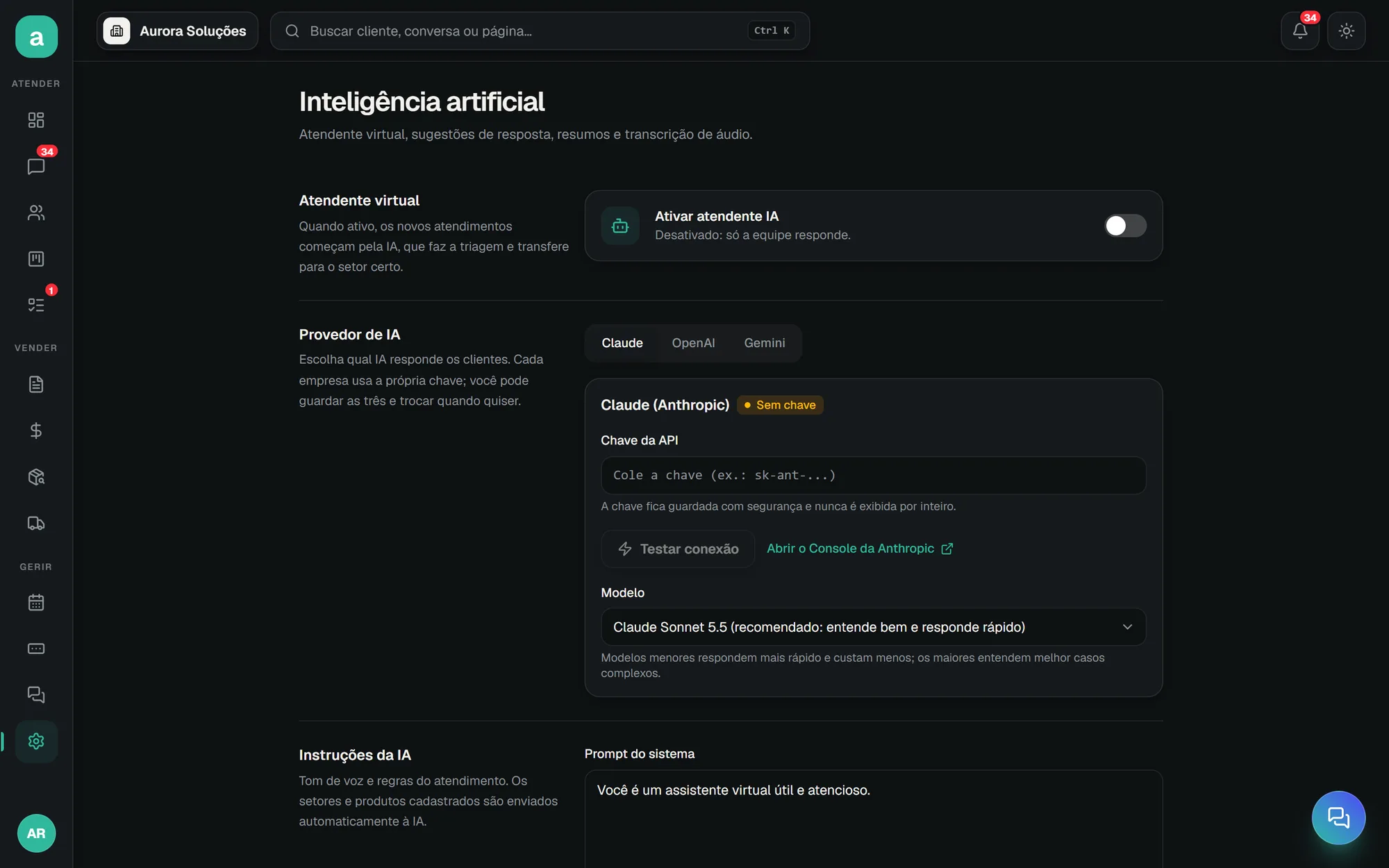 Configuração de inteligência artificial com escolha de provedor e modelo