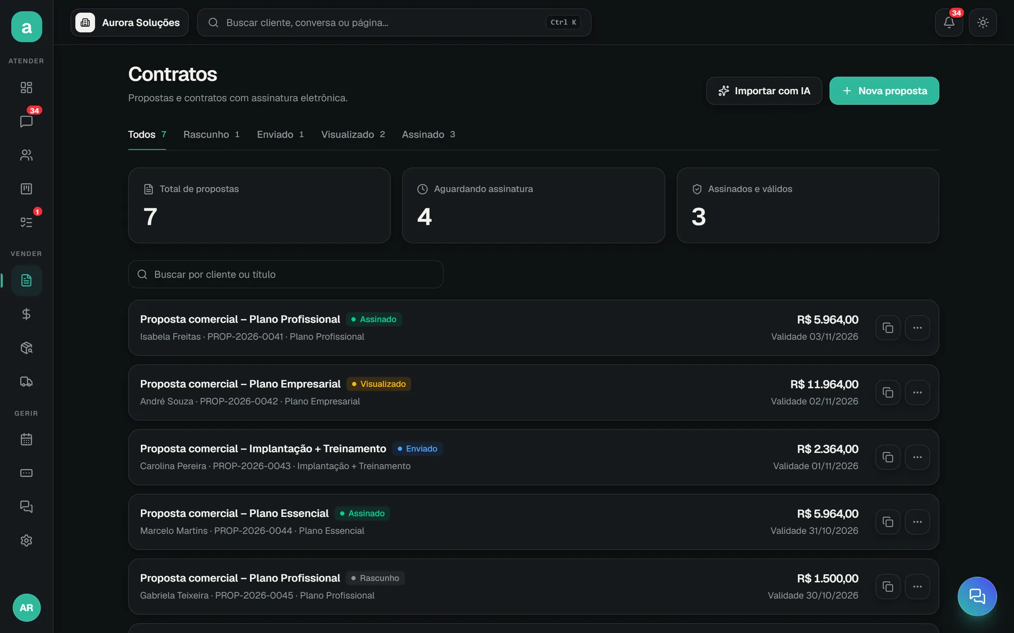Lista de propostas e contratos com status de assinatura
