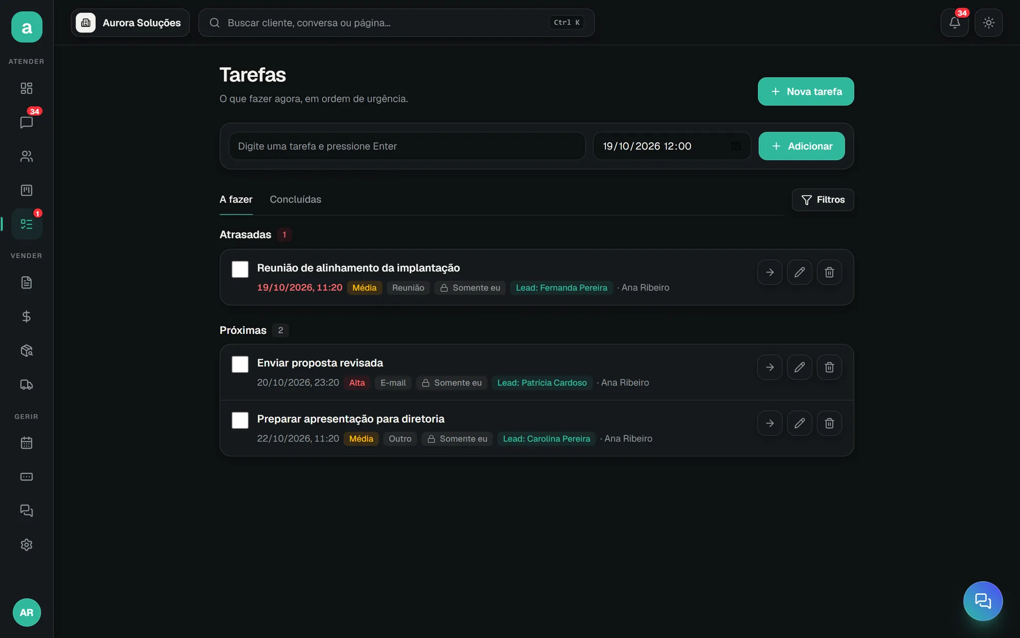 Lista de tarefas da equipe com prioridade, tipo e prazo
